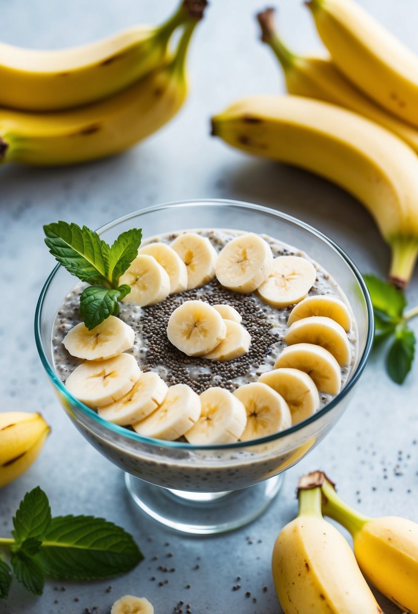 A glass bowl of banana chia pudding topped with sliced bananas and chia seeds, surrounded by fresh bananas and a sprig of mint