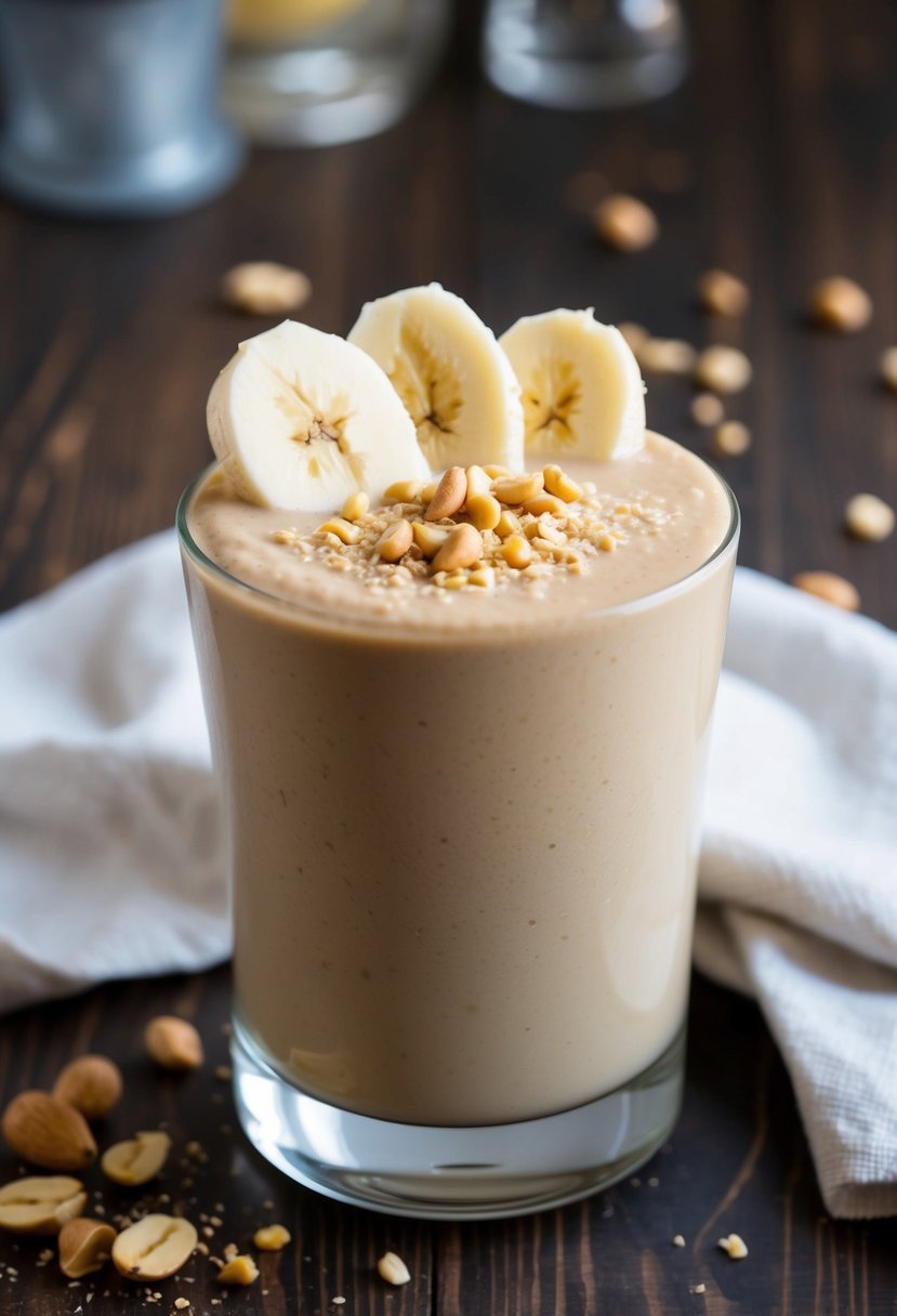 A glass filled with a creamy peanut butter banana smoothie, topped with sliced bananas and a sprinkle of crushed peanuts