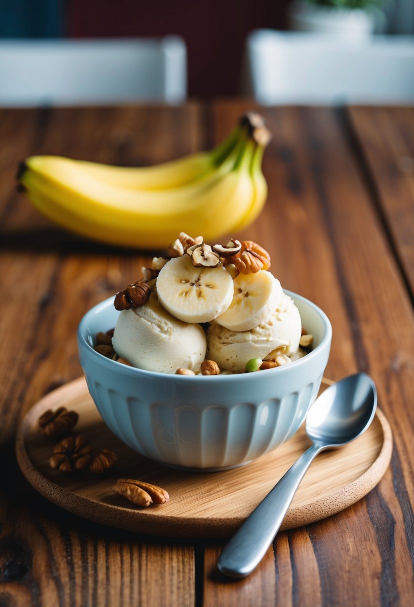 A bowl of banana nice cream topped with nuts and fruit slices on a wooden table