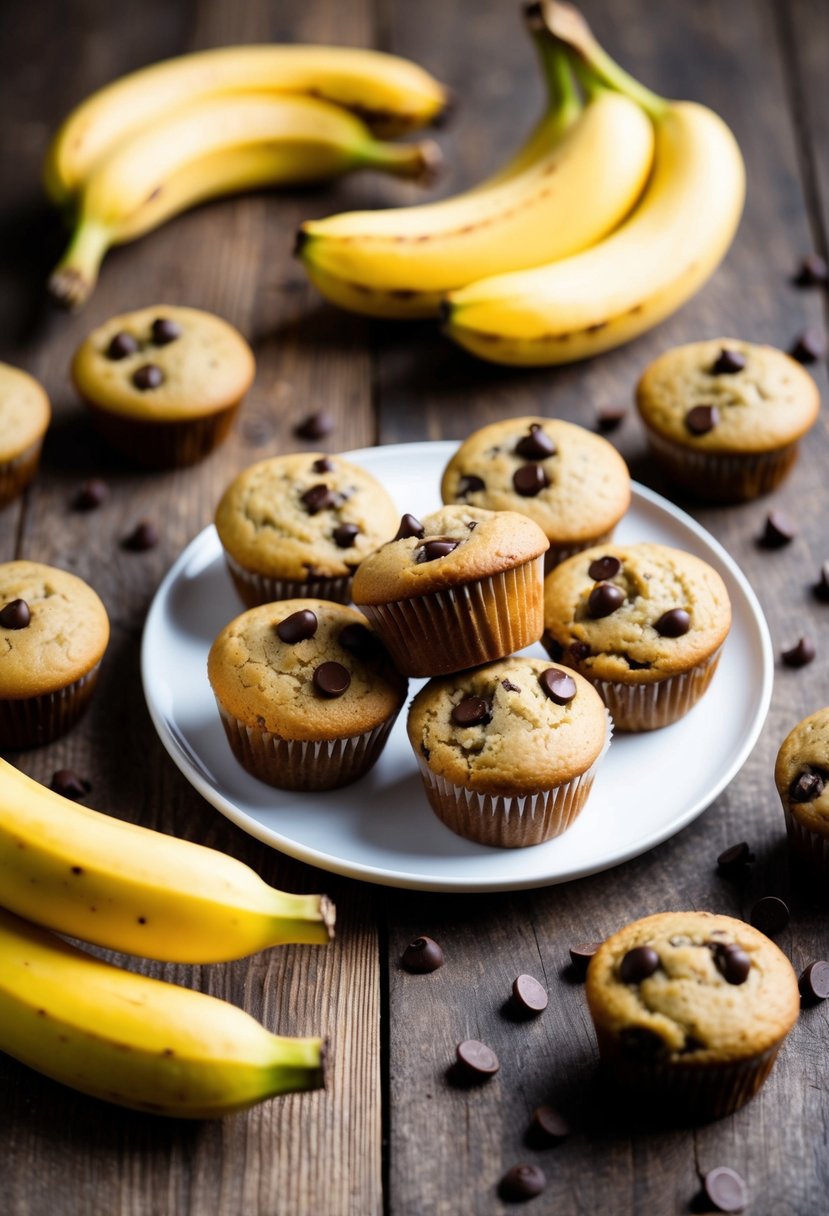 A plate of freshly baked vegan chocolate chip banana muffins on a rustic wooden table, surrounded by scattered ripe bananas and a few scattered chocolate chips