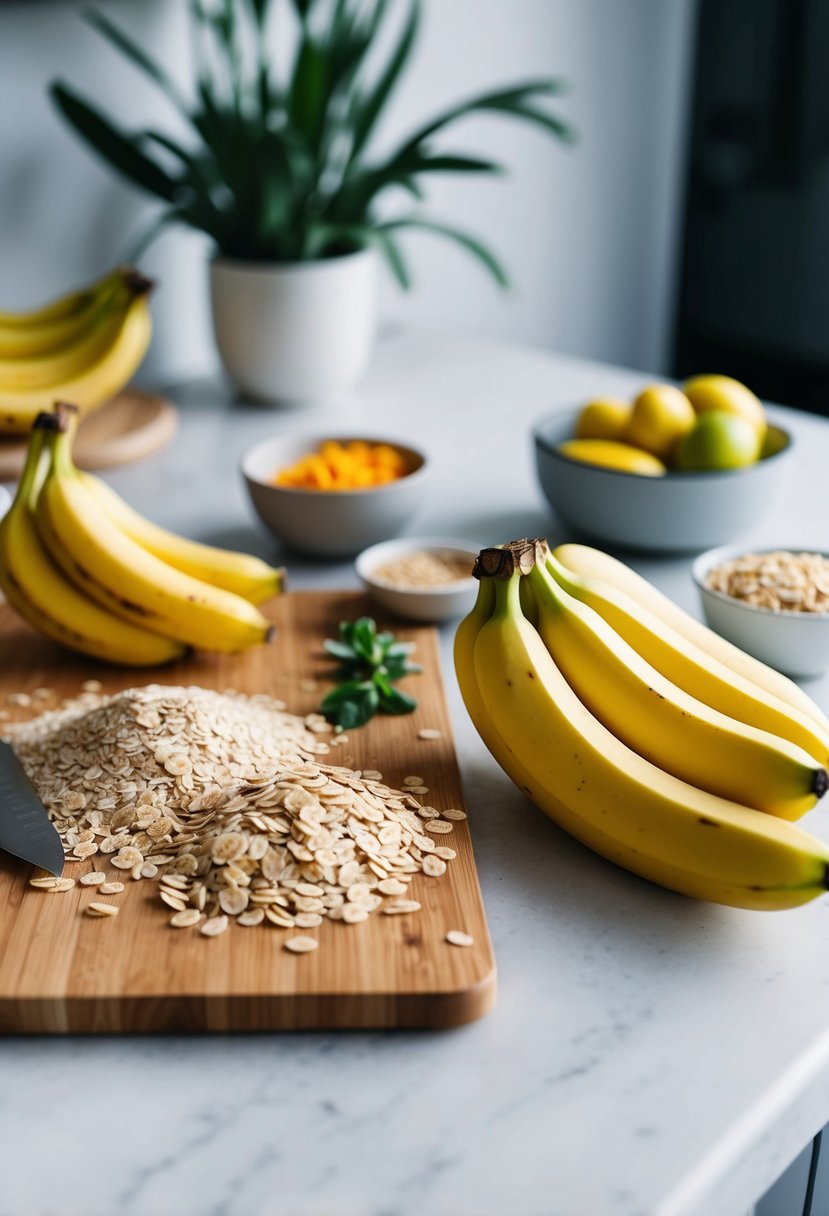 A kitchen counter with a cutting board, ripe bananas, oats, and other ingredients for making vegan banana oat bars