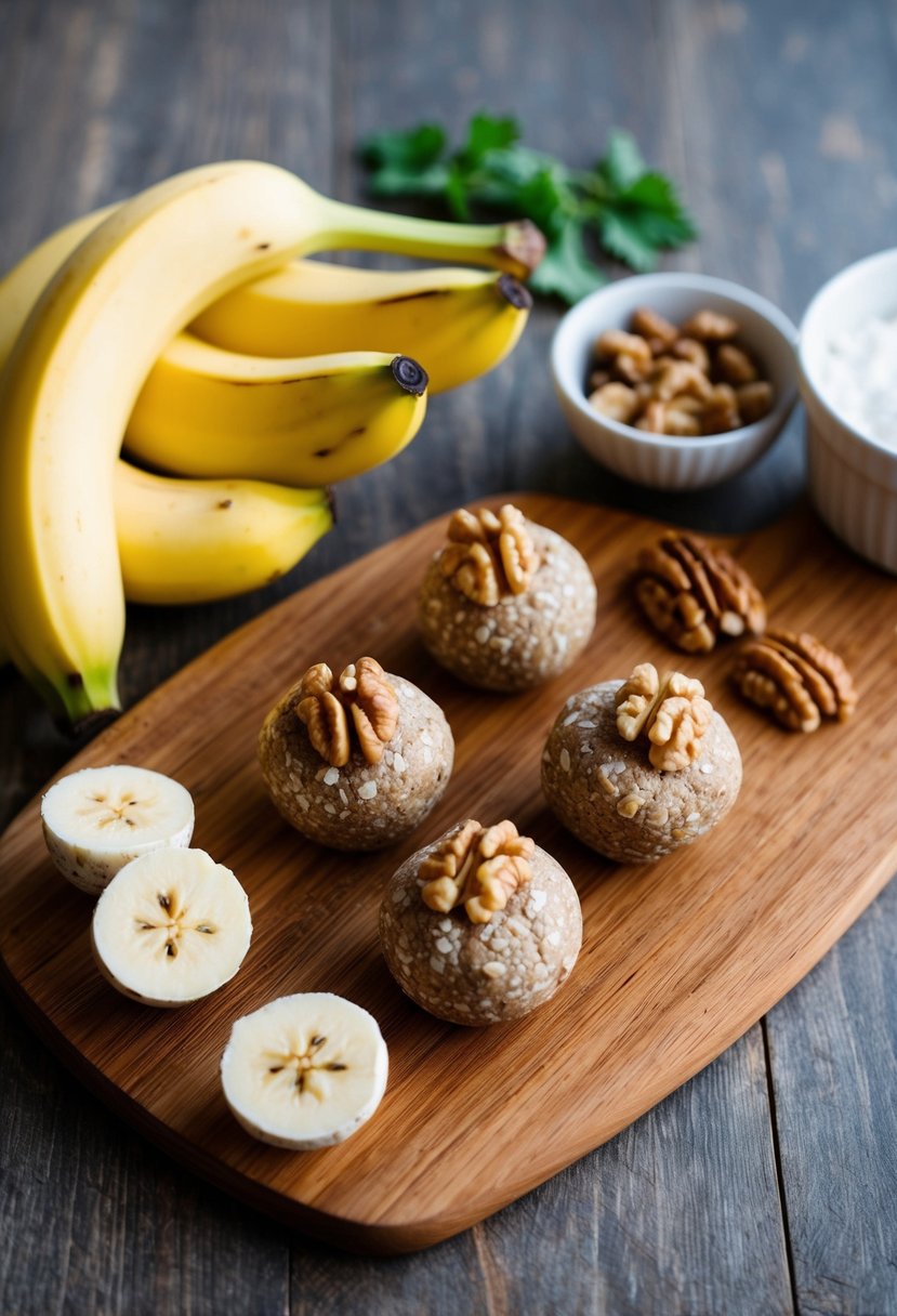 A wooden cutting board with ripe bananas, walnuts, and other ingredients arranged for making Banana Walnut Energy Bites