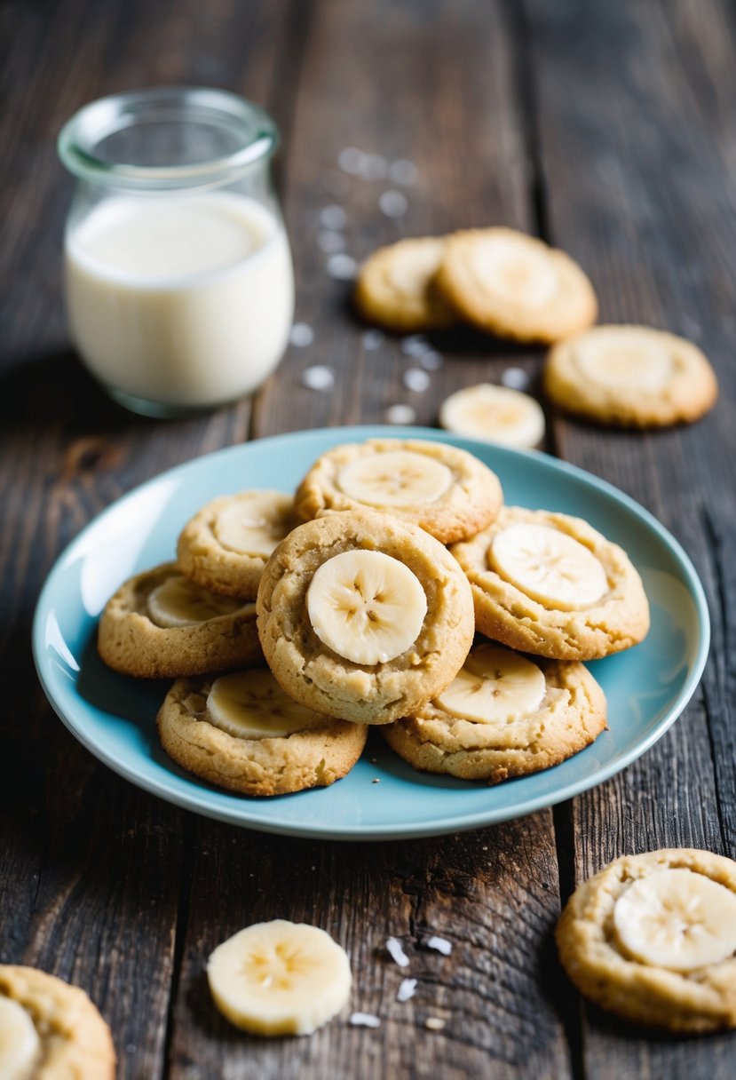 A plate of freshly baked banana coconut cookies on a rustic wooden table