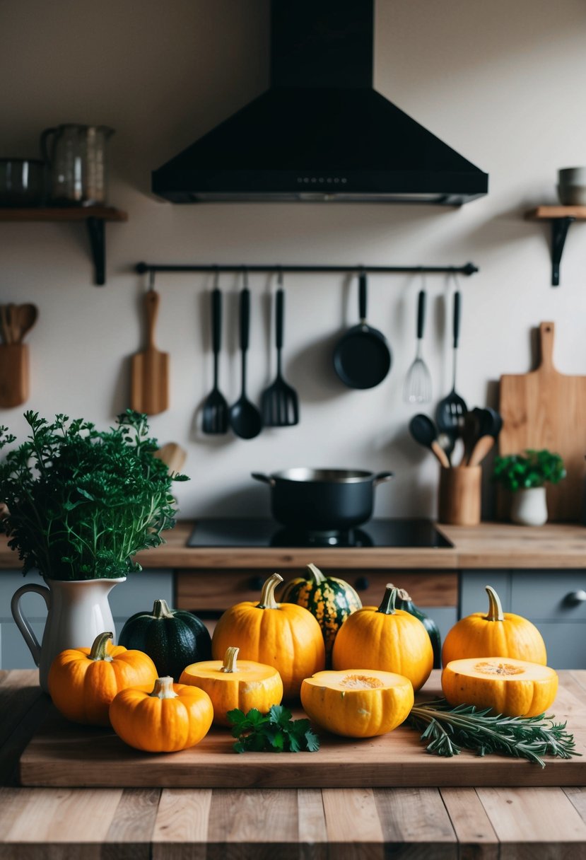 A rustic kitchen with an assortment of fresh opo squash, herbs, and cooking utensils on a wooden countertop