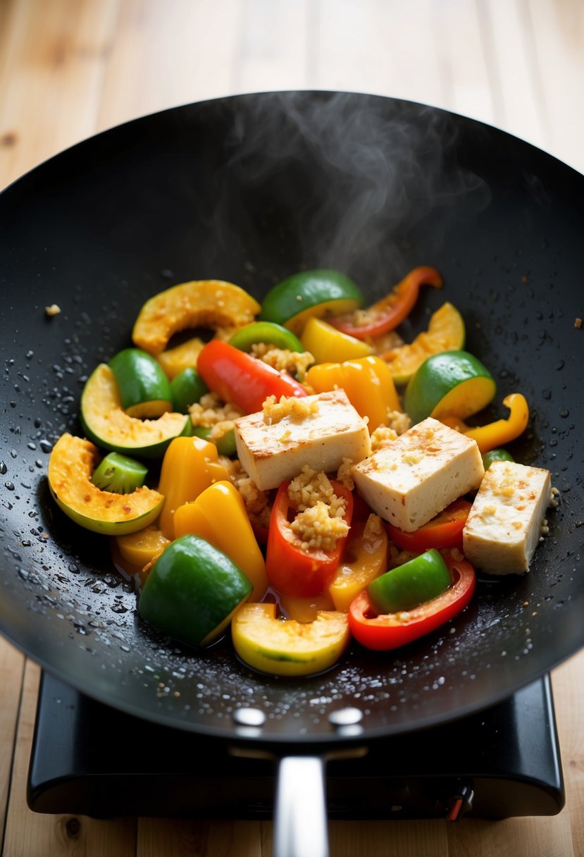 A wok sizzles as opo squash, bell peppers, and tofu cook together with soy sauce and ginger