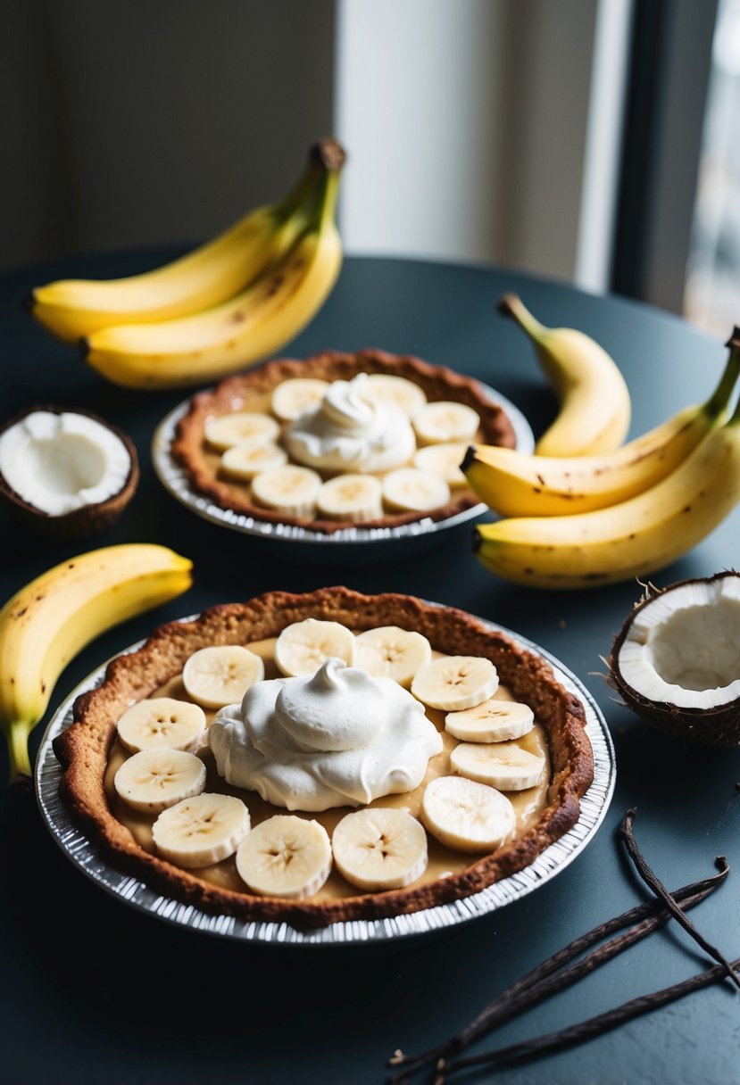 A table with a freshly baked banana cream pie surrounded by ripe bananas, vanilla beans, and coconut milk