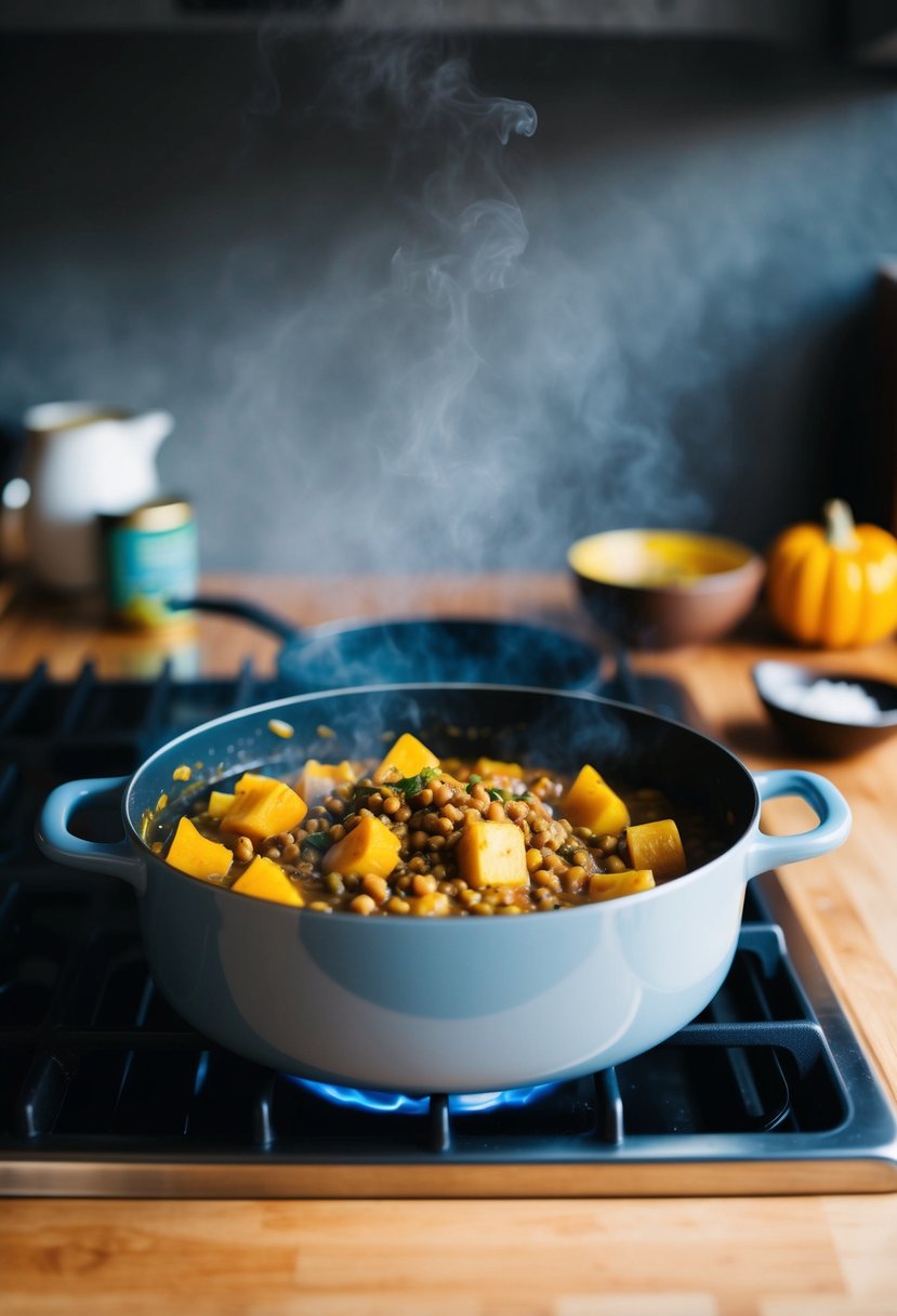 A pot of curried opo squash and lentils simmering on a stovetop, with aromatic spices wafting through the air