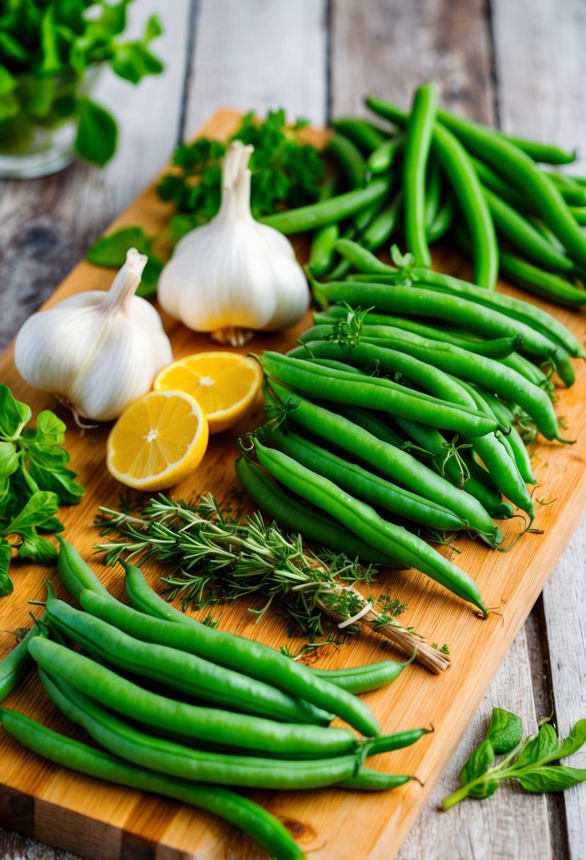 A colorful assortment of fresh green beans, garlic, and herbs arranged on a wooden cutting board