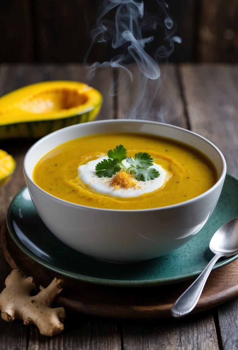 A steaming bowl of opo squash soup sits on a rustic wooden table, garnished with a sprinkle of fresh ginger and a sprig of cilantro