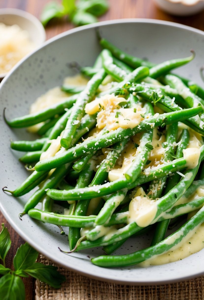 Fresh green beans coated in a creamy garlic parmesan sauce, sprinkled with grated cheese and herbs