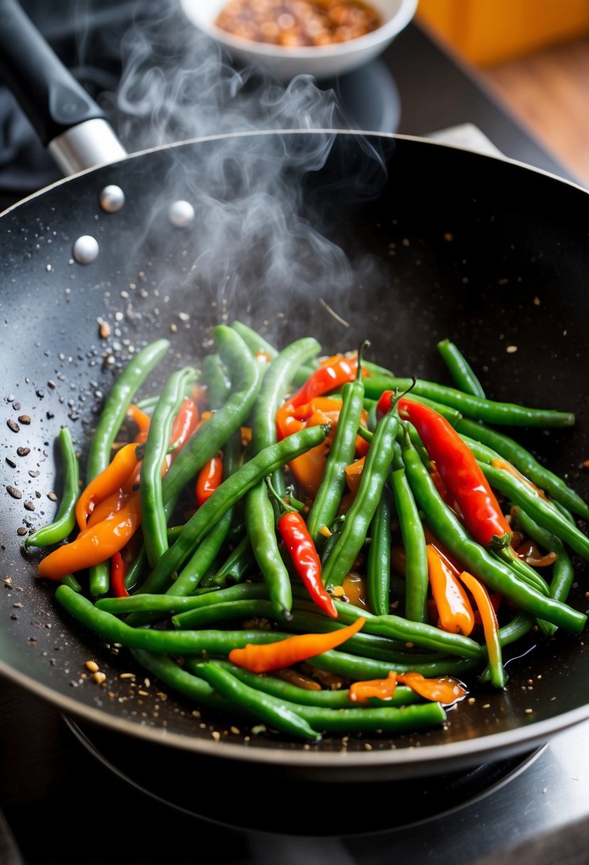 A sizzling wok with vibrant green beans, chili peppers, and Szechuan sauce. Steam rises as the beans are tossed in the pan