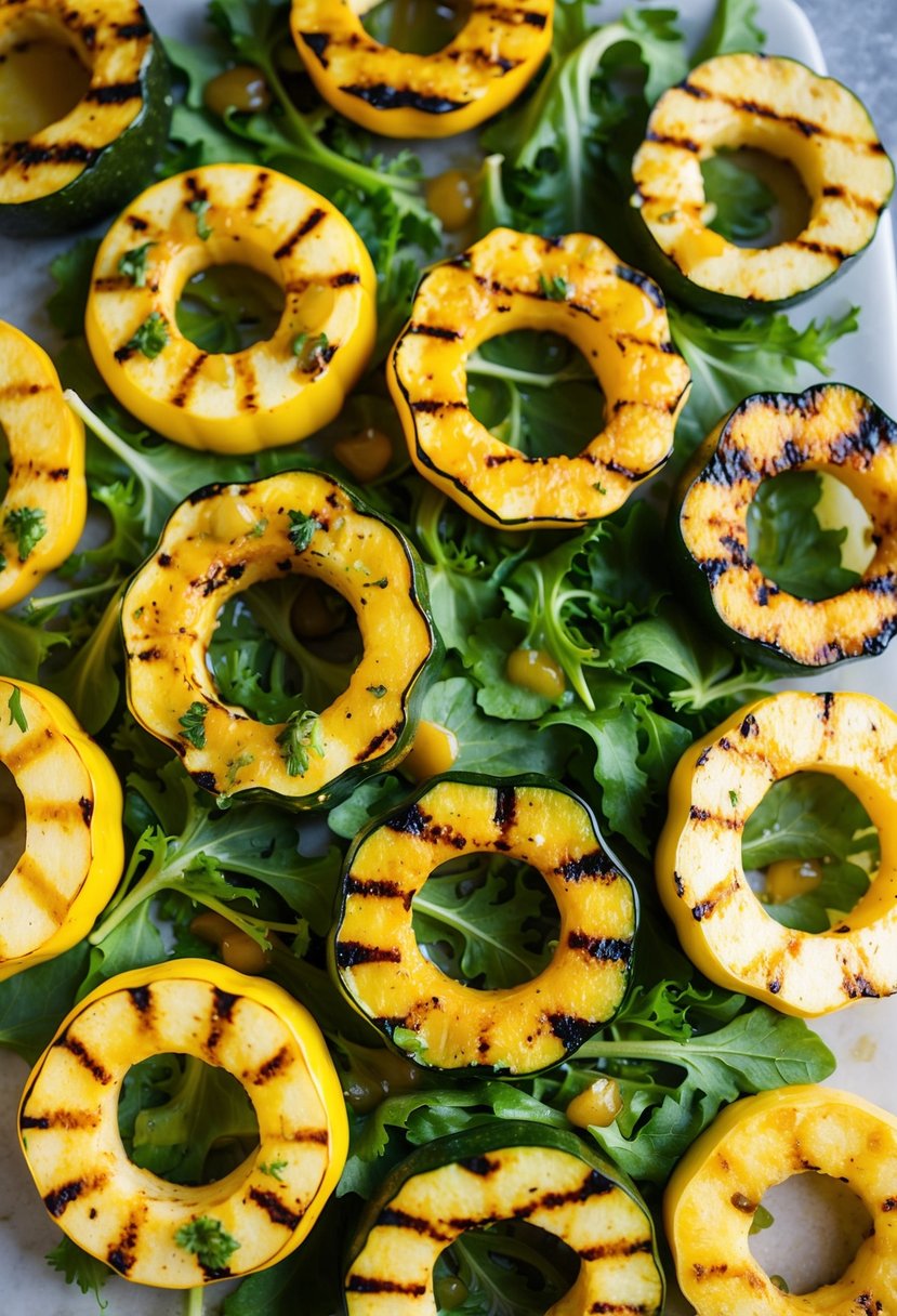 A colorful array of grilled opo squash slices arranged on a bed of fresh greens and drizzled with vinaigrette