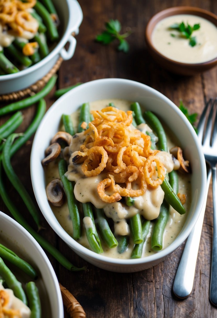 A steaming green bean casserole sits on a rustic wooden table, topped with crispy fried onions and surrounded by fresh green beans and creamy mushroom sauce