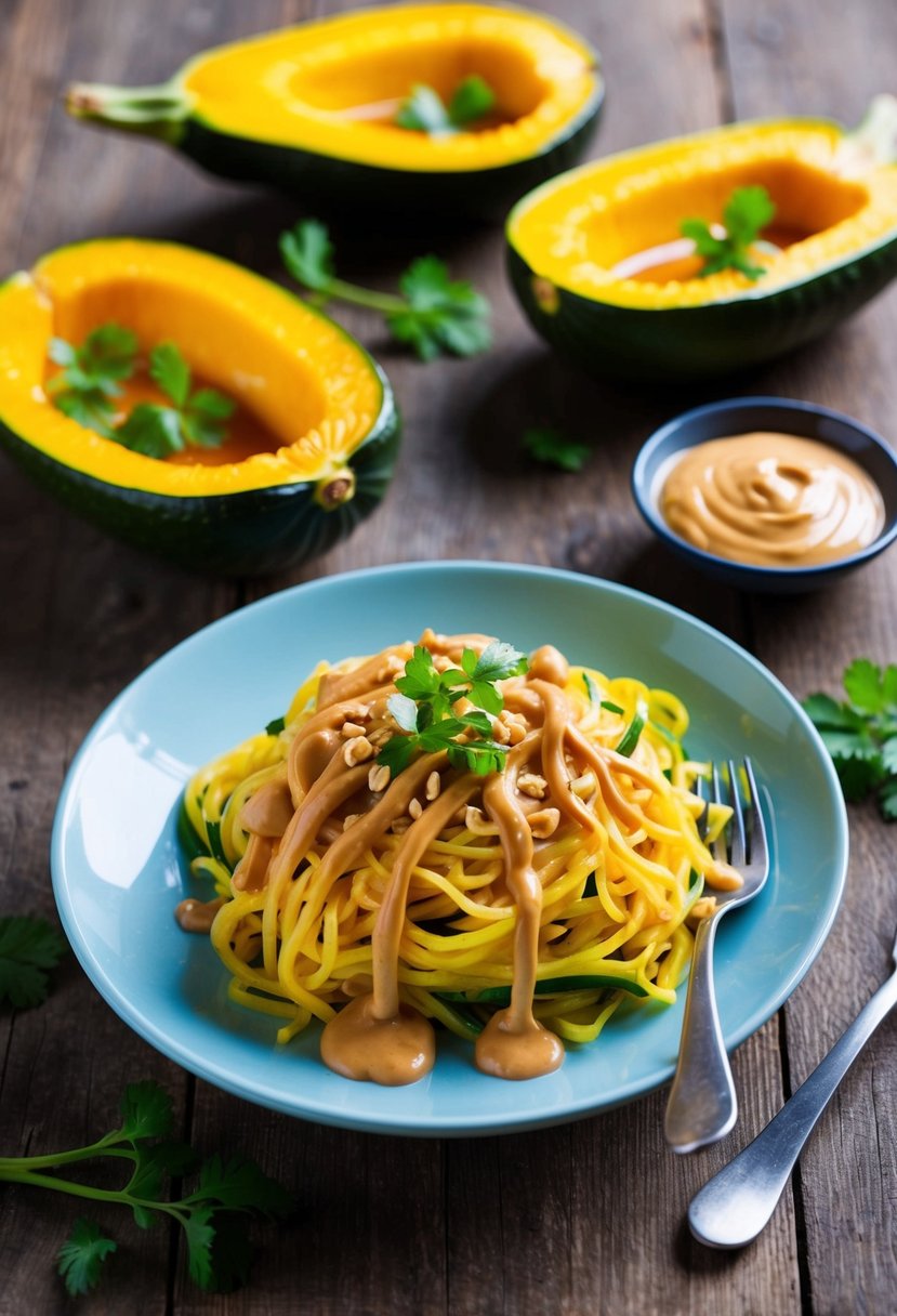 A colorful array of opo squash noodles drizzled with rich peanut sauce on a rustic wooden table