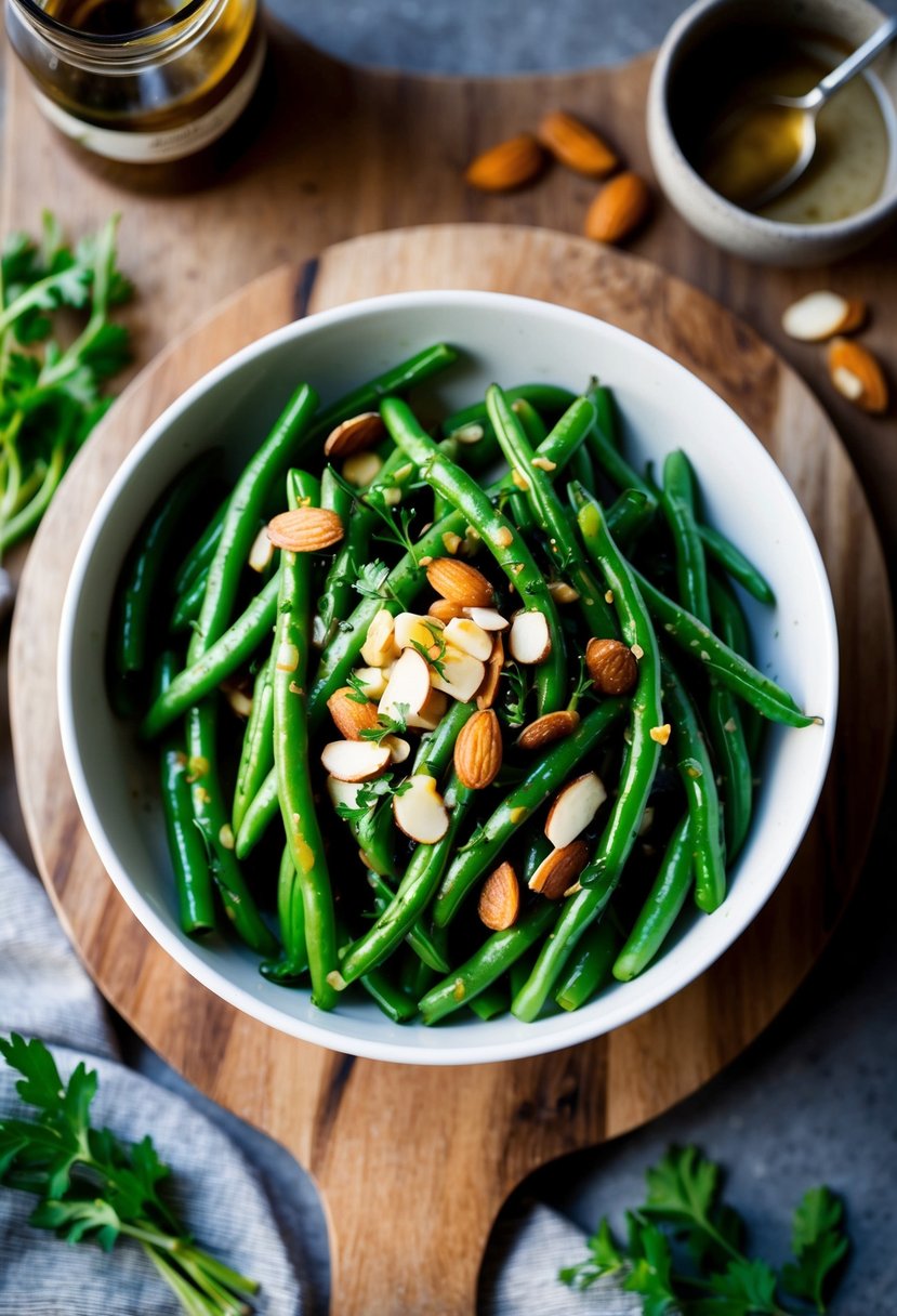 A bowl of vibrant green beans tossed in a balsamic Dijon dressing, garnished with toasted almonds and fresh herbs