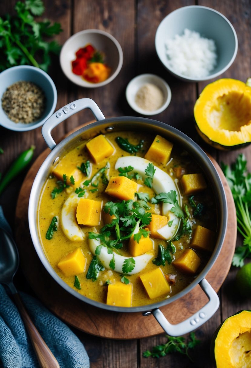 A steaming pot of opo squash and coconut curry simmers on a rustic wooden table, surrounded by vibrant spices and fresh herbs