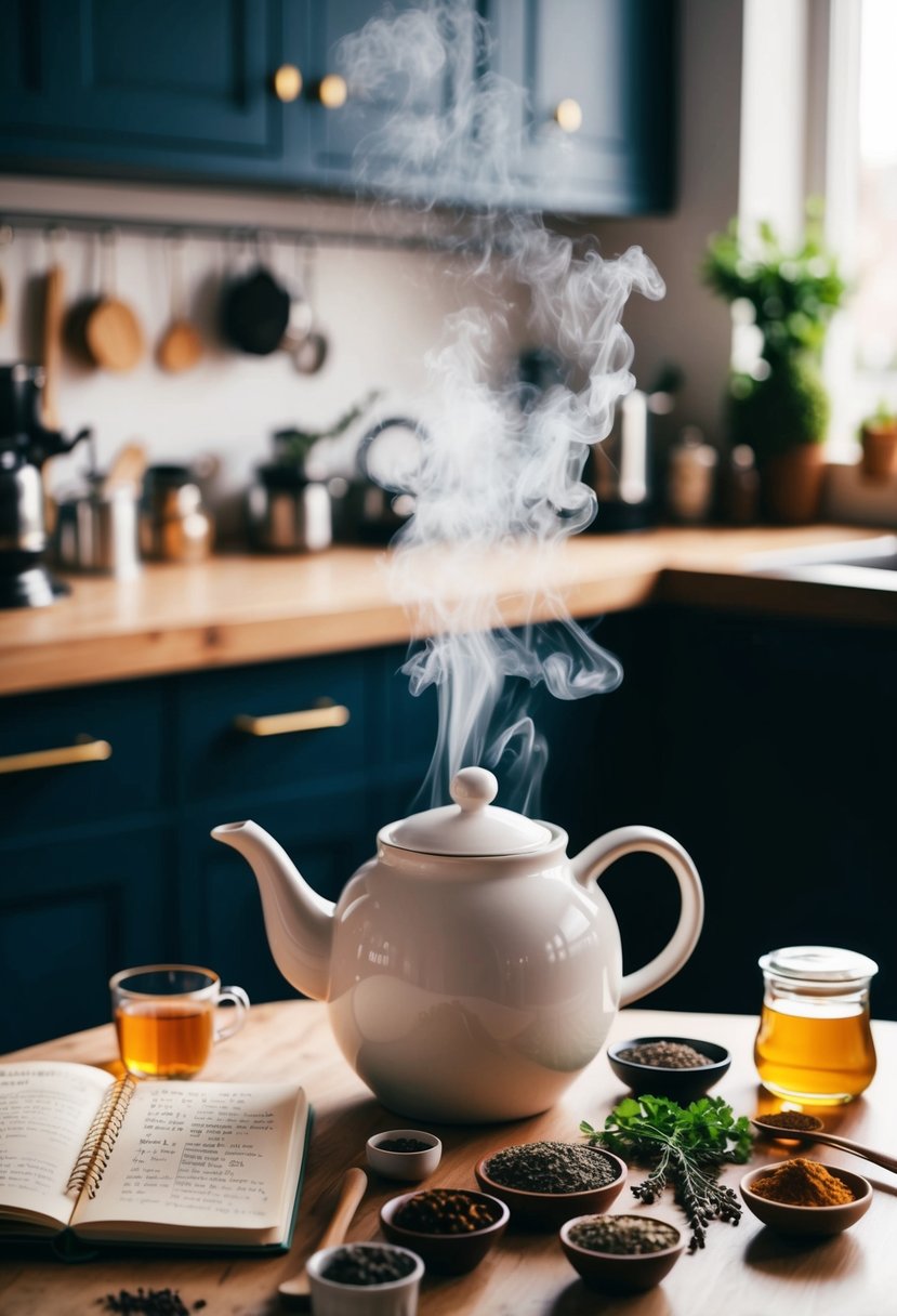 A cozy kitchen with a steaming teapot, various herbs and spices, and a notebook filled with tea recipes