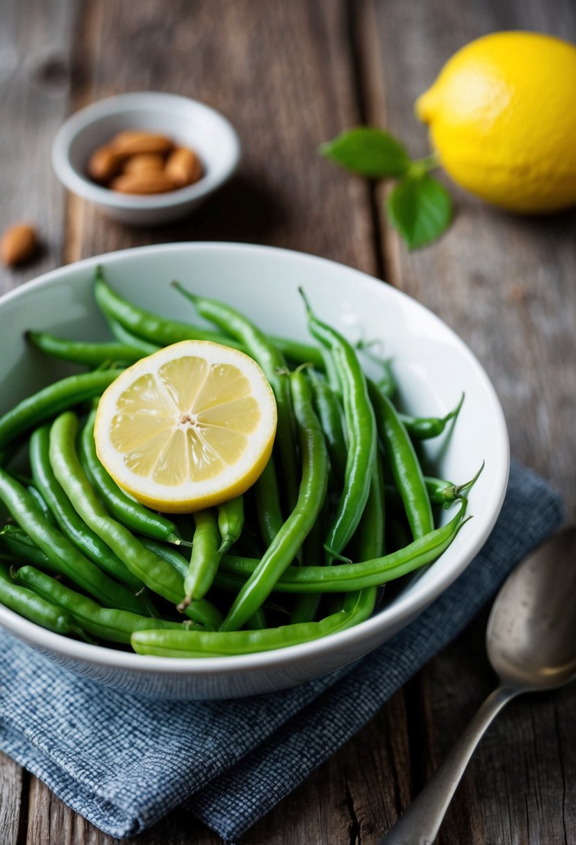 A bowl of lemon almond green beans on a rustic wooden table