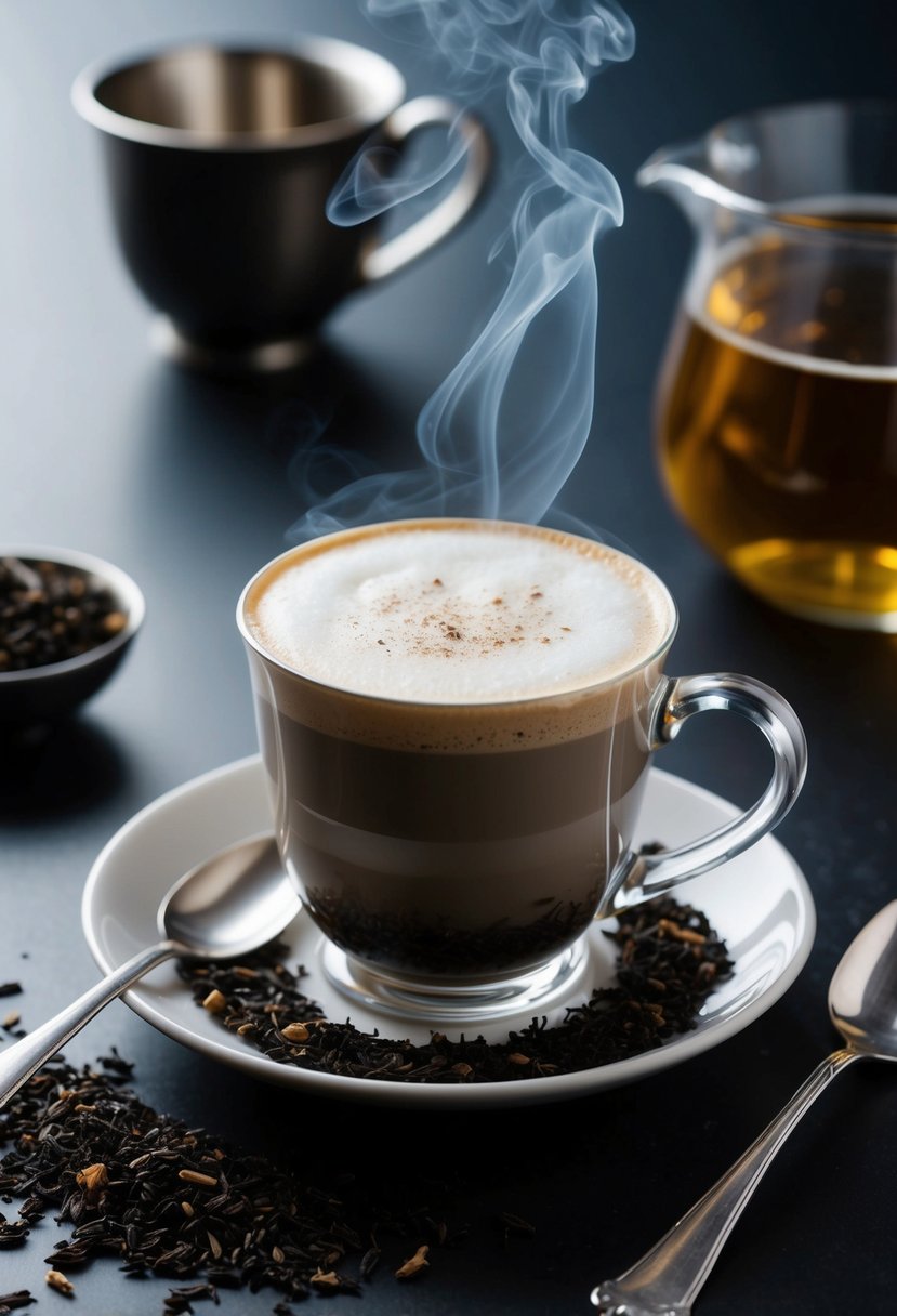 A steaming mug of Earl Grey Tea Latte sits on a saucer, surrounded by loose tea leaves and a silver spoon