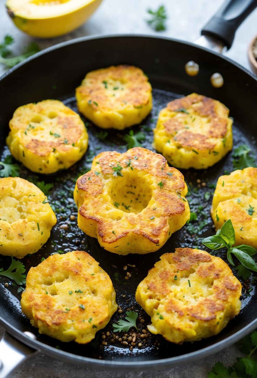 A sizzling skillet of golden Opo squash fritters, surrounded by fresh herbs and spices