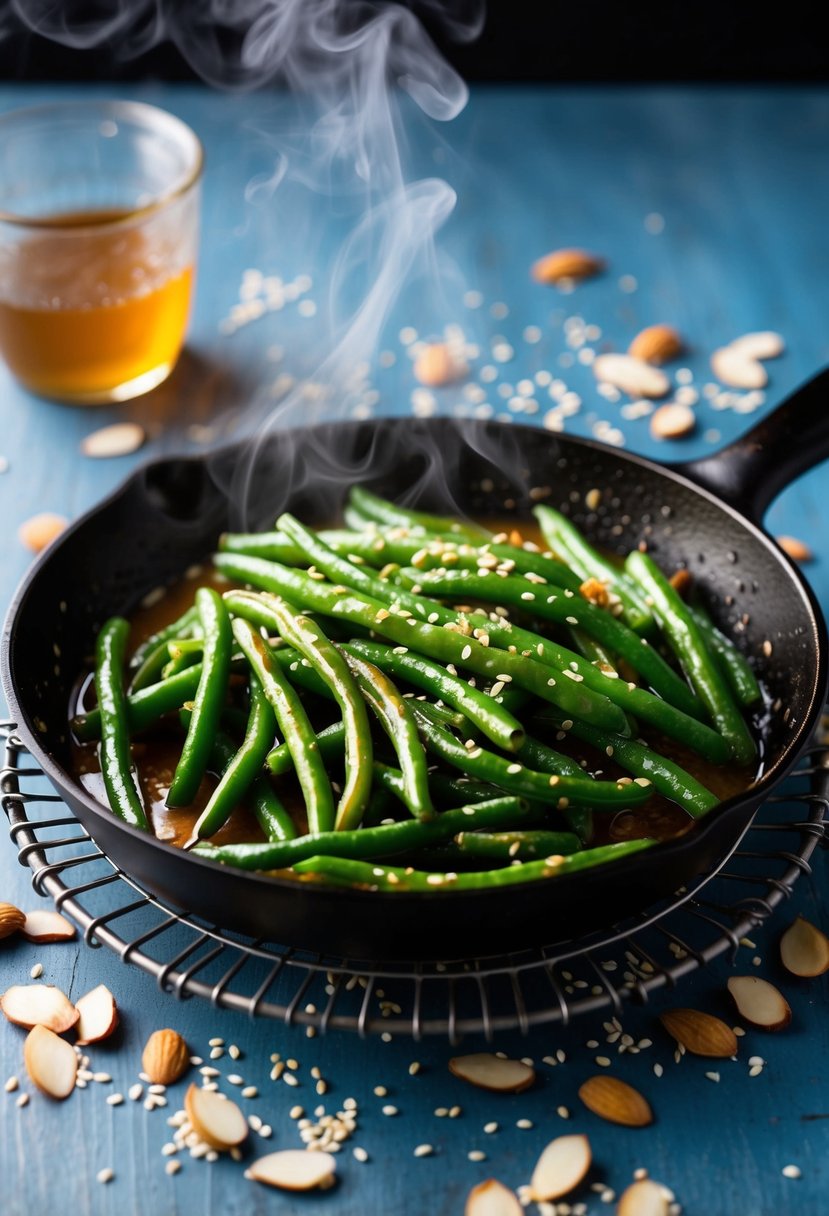 A sizzling skillet of honey soy green beans, steaming and glistening with sauce, surrounded by scattered sesame seeds and sliced almonds