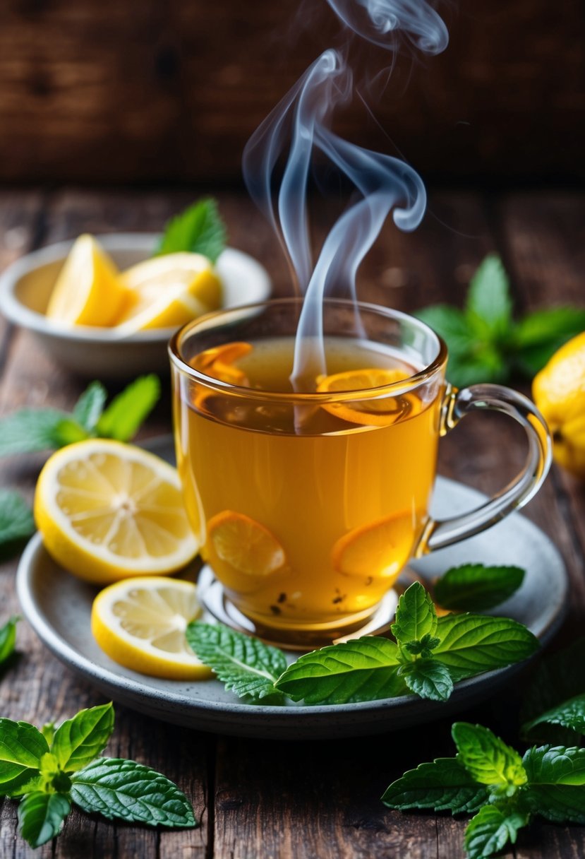 A steaming cup of honey citrus mint tea sits on a rustic wooden table, surrounded by fresh mint leaves and slices of lemon