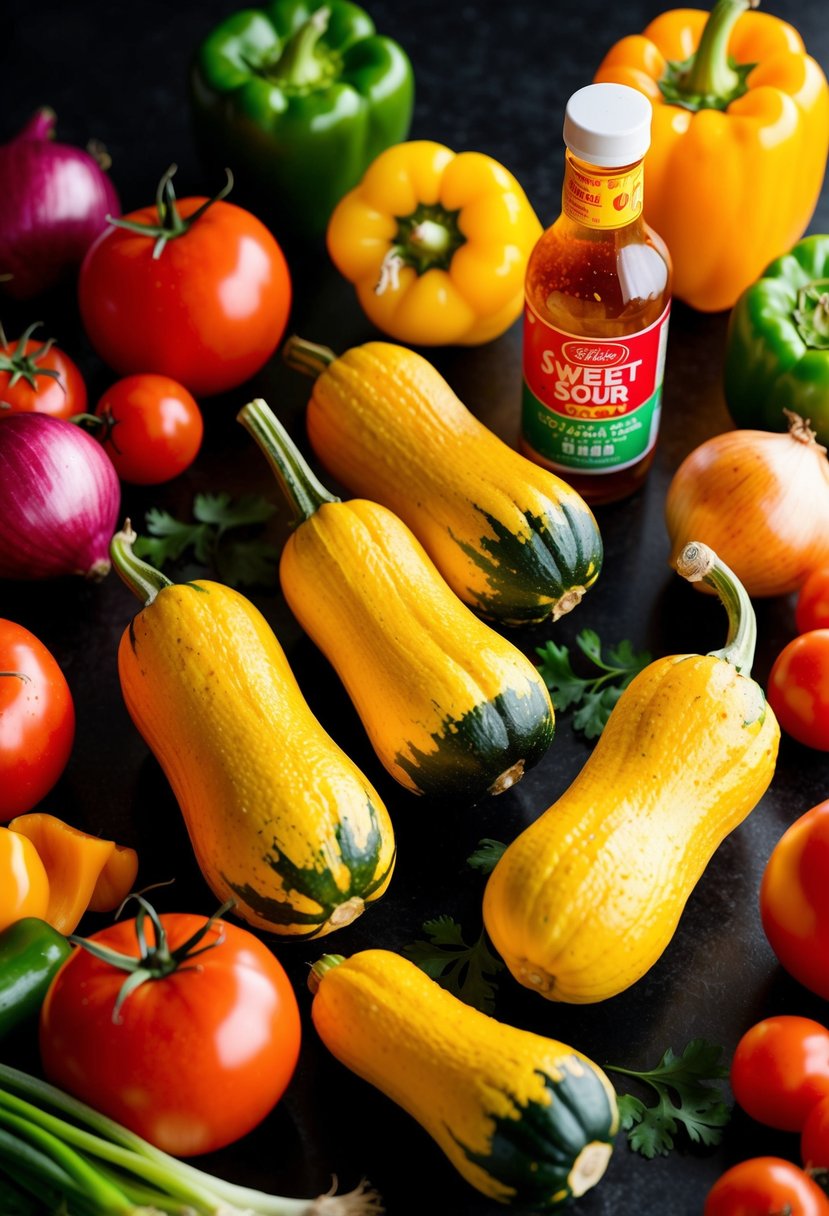 A colorful array of fresh opo squash, surrounded by vibrant ingredients like tomatoes, onions, and bell peppers, with a bottle of sweet and sour sauce nearby