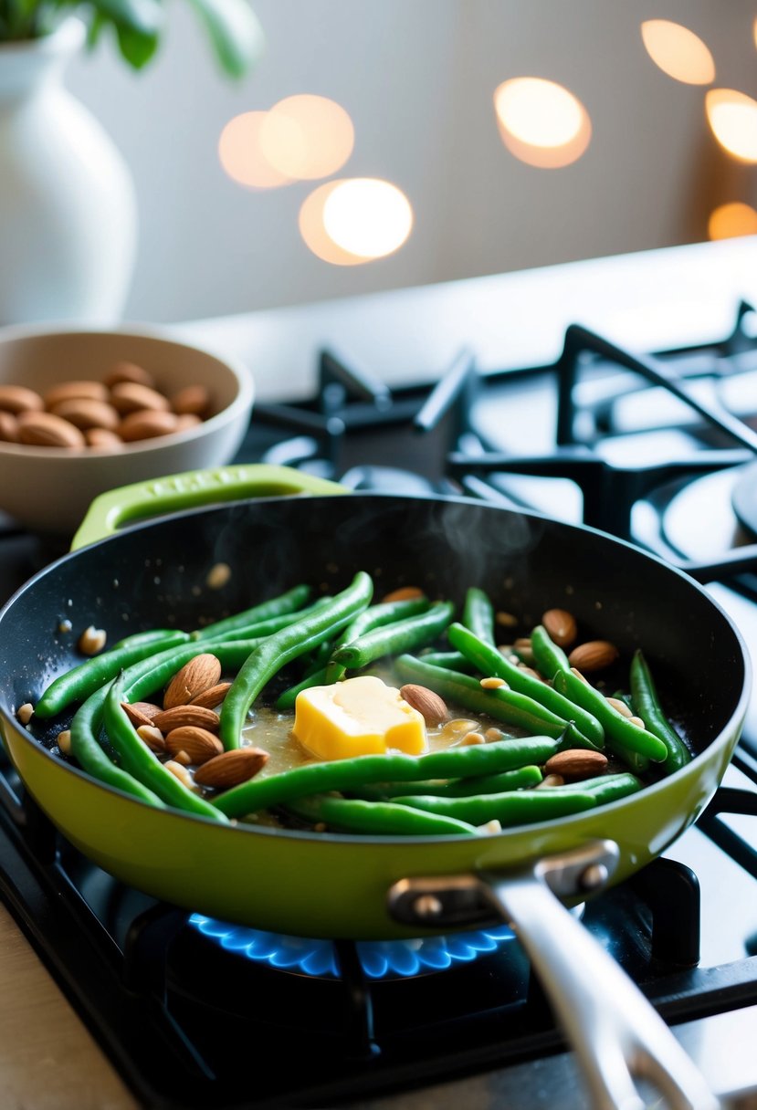 A skillet of green beans and almonds sizzling in butter on a stovetop