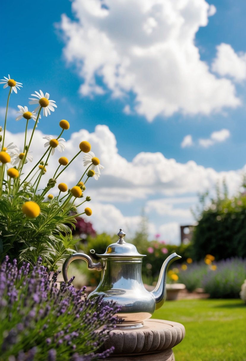 A serene garden with chamomile and lavender plants, a silver teapot, and fluffy clouds in the sky