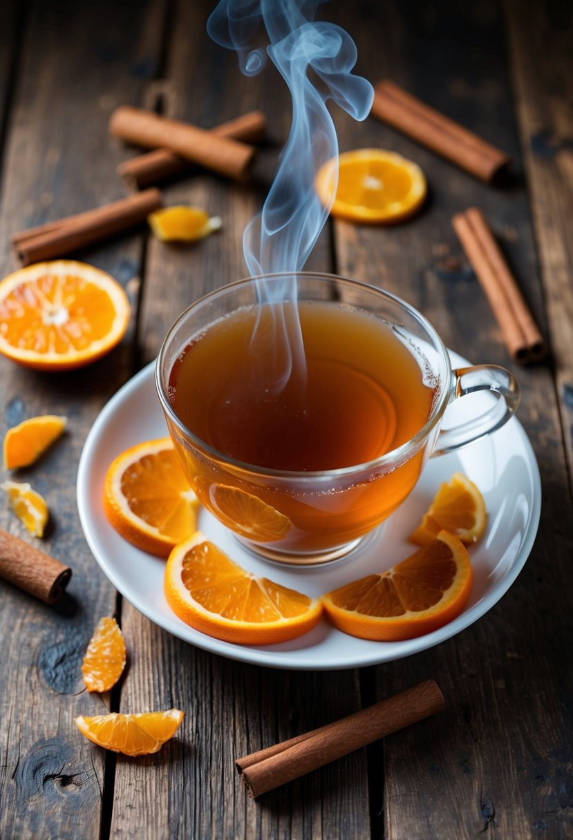 A steaming cup of Cinnamon Orange Spice Infusion tea sits on a rustic wooden table, surrounded by scattered orange peels and cinnamon sticks