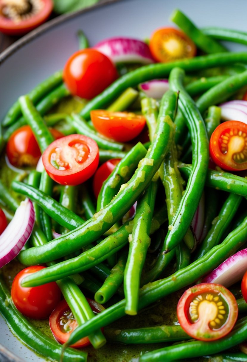 A colorful array of fresh green beans, sliced red onions, and cherry tomatoes, all tossed in a vibrant Thai green curry dressing