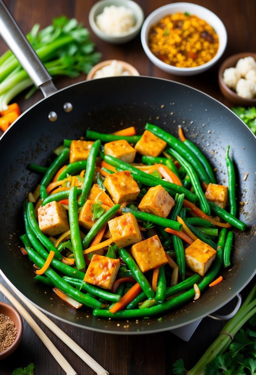 A sizzling wok filled with vibrant green beans, tofu, and colorful stir-fry sauce, surrounded by fresh vegetables and aromatic spices