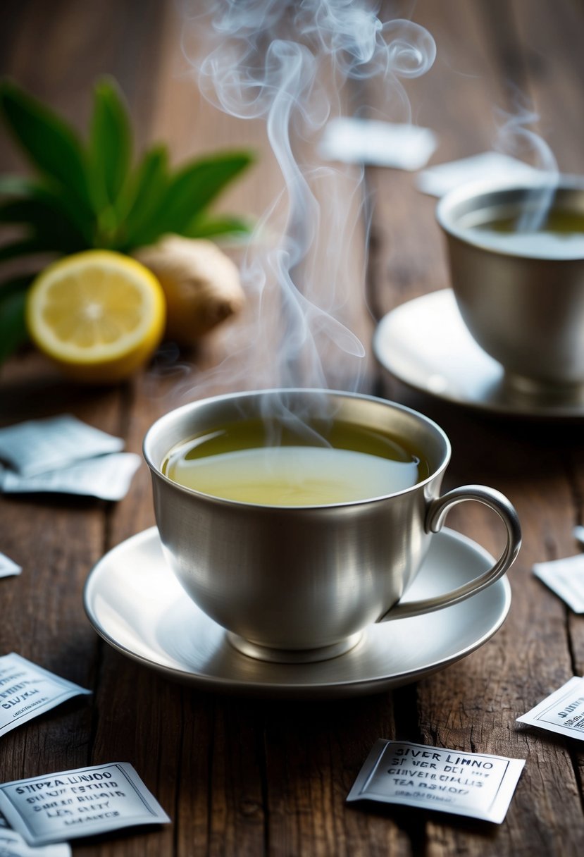 A steaming cup of ginger lemongrass silver tea sits on a rustic wooden table, surrounded by scattered silver lining tea recipes