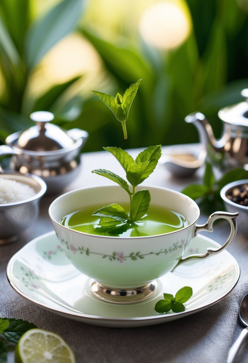 A serene oasis with minty green tea leaves floating in a delicate teacup, surrounded by silver lining accents and recipe ingredients