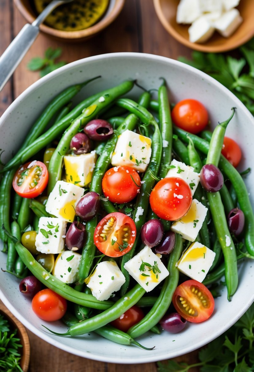 A vibrant bowl of green beans, cherry tomatoes, olives, and feta cheese, drizzled with olive oil and sprinkled with fresh herbs