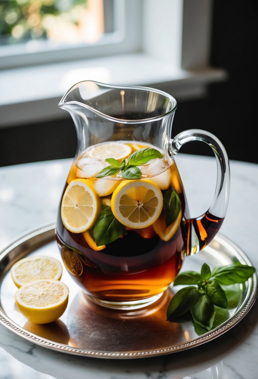 A glass pitcher of iced tea with lemon slices and basil leaves, sitting on a silver tray