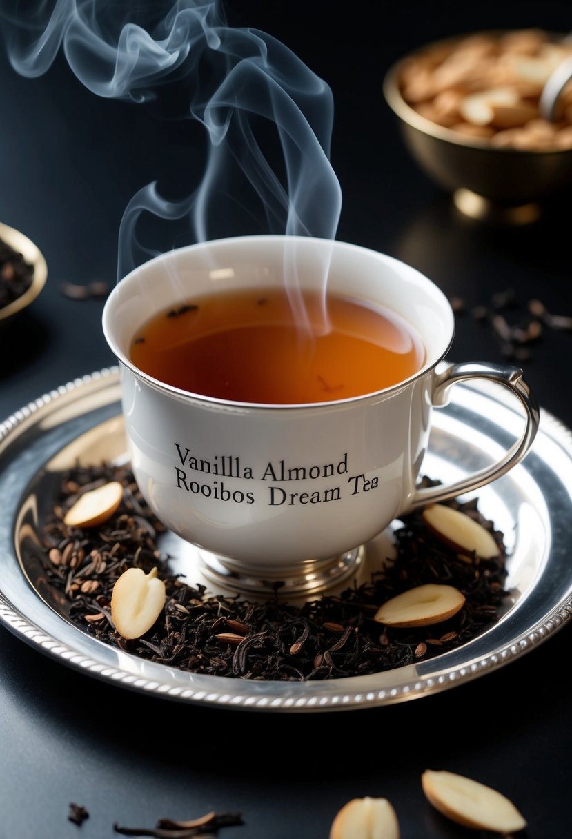 A steaming cup of Vanilla Almond Rooibos Dream tea sits on a silver tray, surrounded by loose tea leaves and almond slices