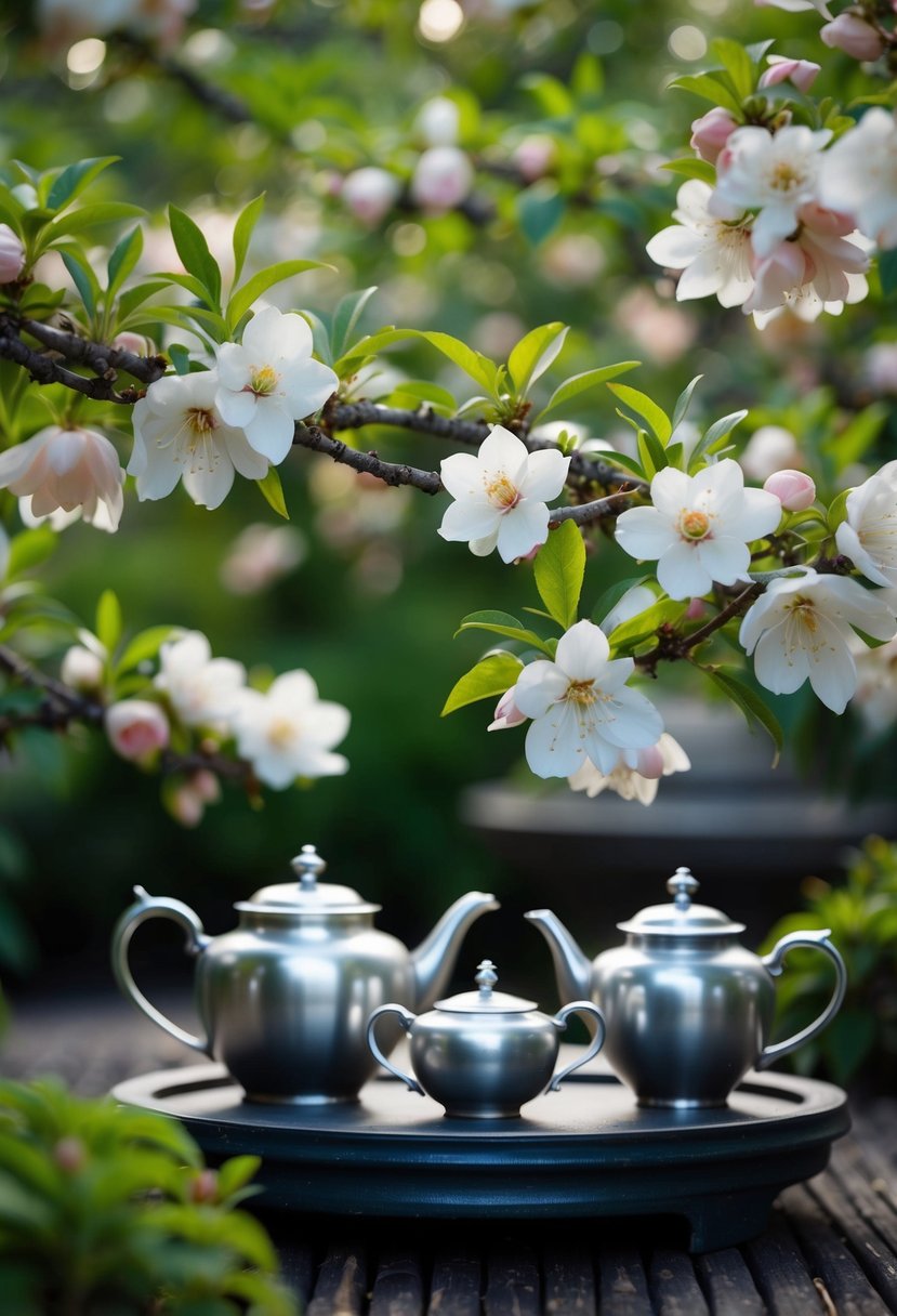 A serene tea garden with peach blossoms and silver teapots, surrounded by jasmine vines