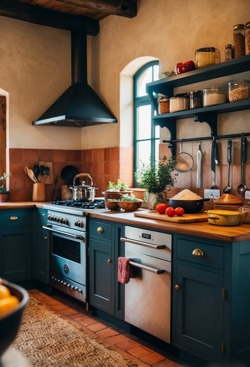 A rustic kitchen with traditional Spanish ingredients and cookware