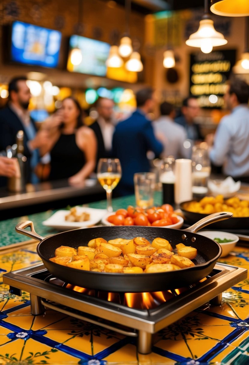 A bustling Spanish tapas bar with a sizzling skillet of golden Patatas Bravas, surrounded by colorful ceramic tiles and lively chatter