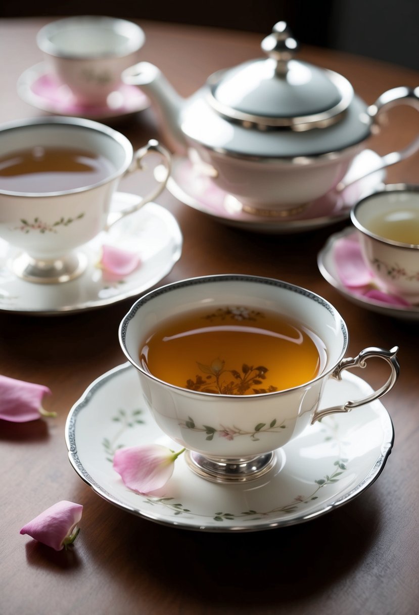 A delicate tea set with rose petals, white tea, and silver lining accents on a table