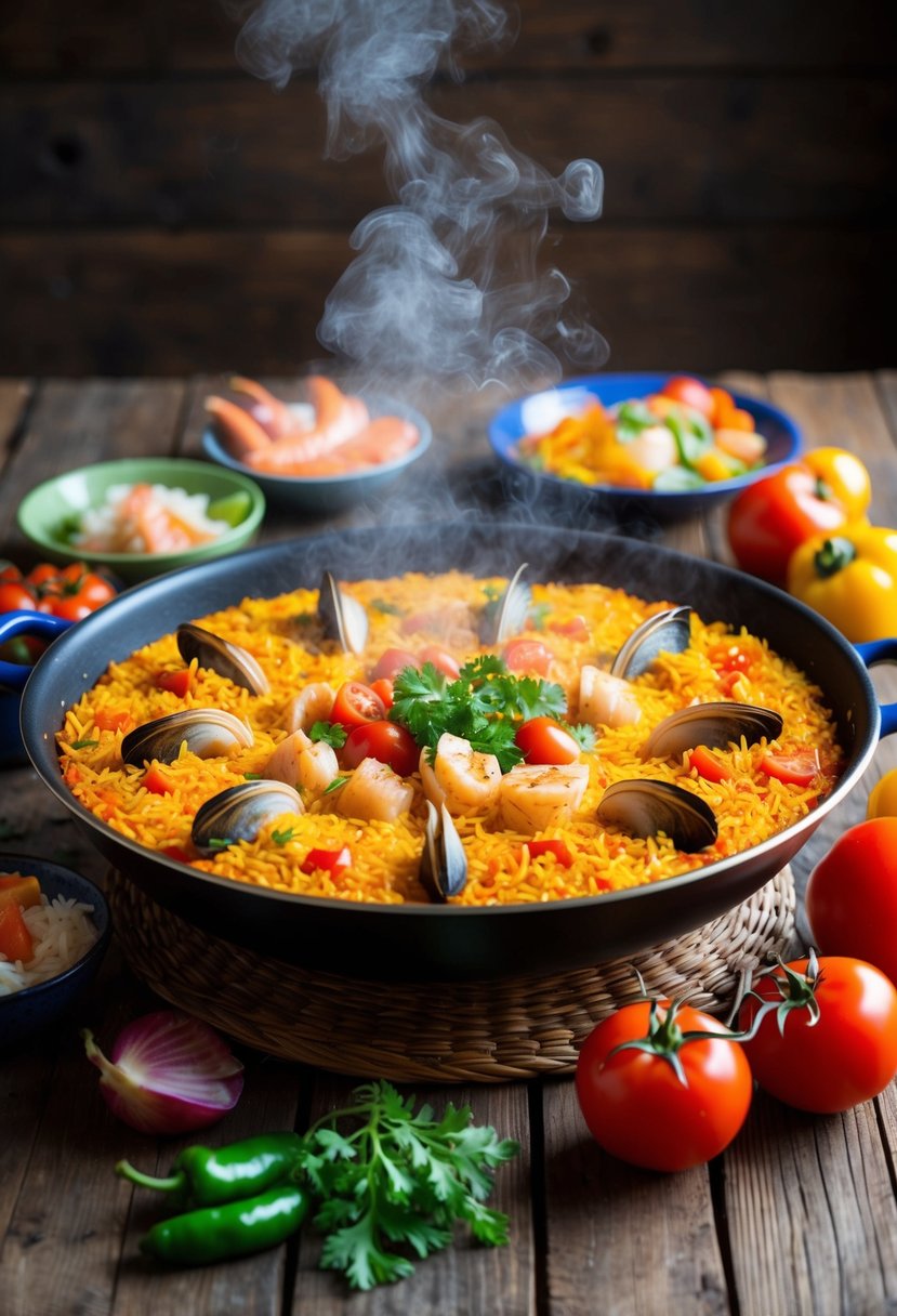 A rustic wooden table set with a steaming paella pan, surrounded by colorful ingredients like saffron, rice, tomatoes, peppers, and seafood