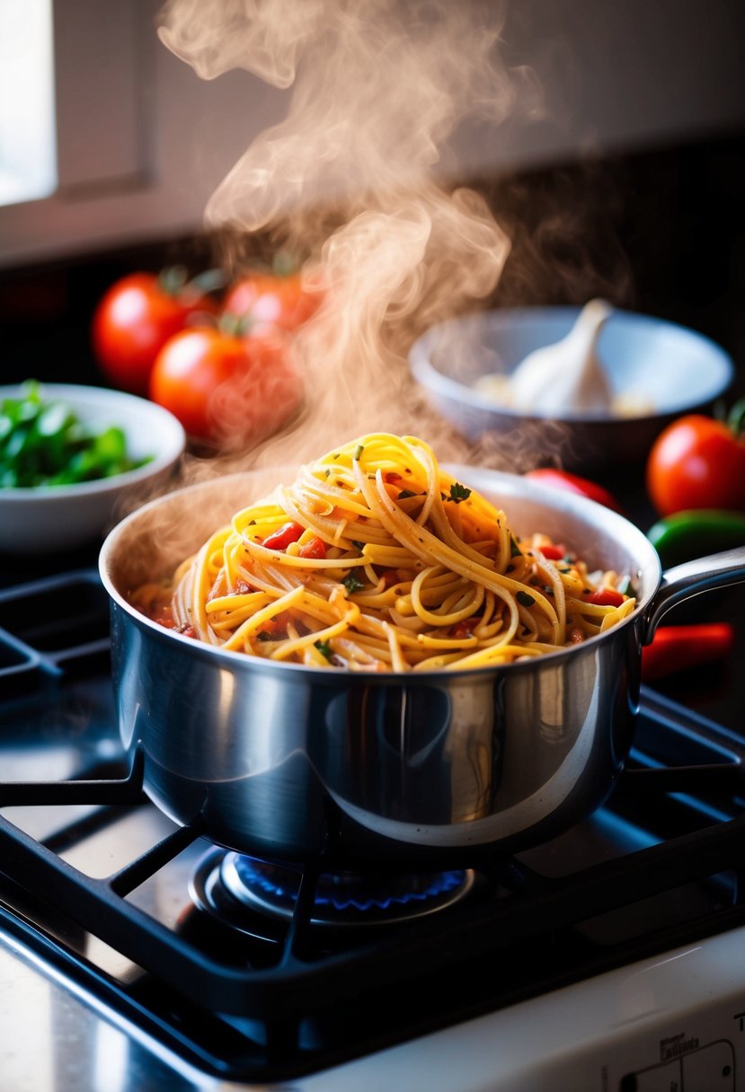 A steaming pot of diavolo pasta simmers on a stovetop, surrounded by fresh ingredients like tomatoes, garlic, and chili peppers