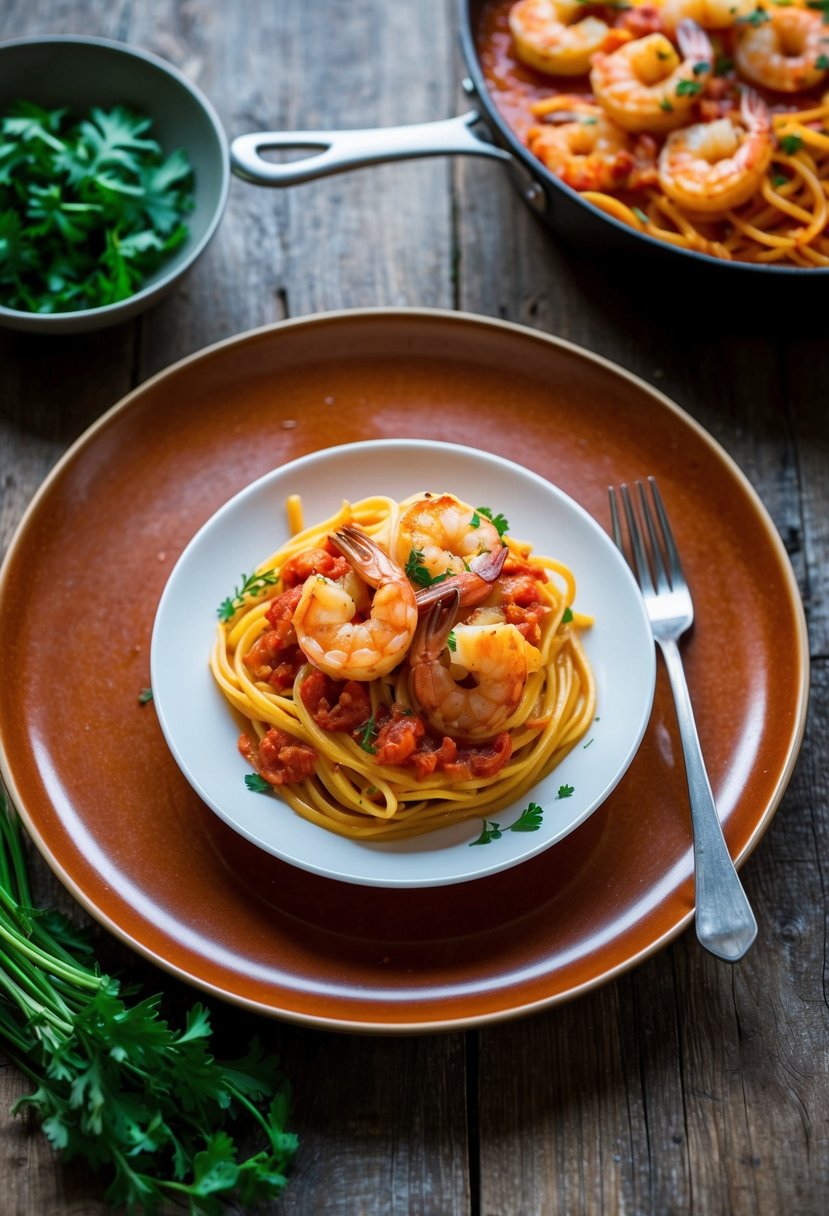 A steaming plate of spicy shrimp diavolo pasta with vibrant red sauce and fresh herbs, served on a rustic wooden table