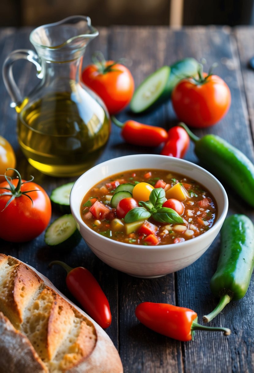 A rustic table set with a bowl of Gazpacho Andaluz, surrounded by fresh tomatoes, cucumbers, and peppers. A pitcher of olive oil and a loaf of crusty bread complete the scene