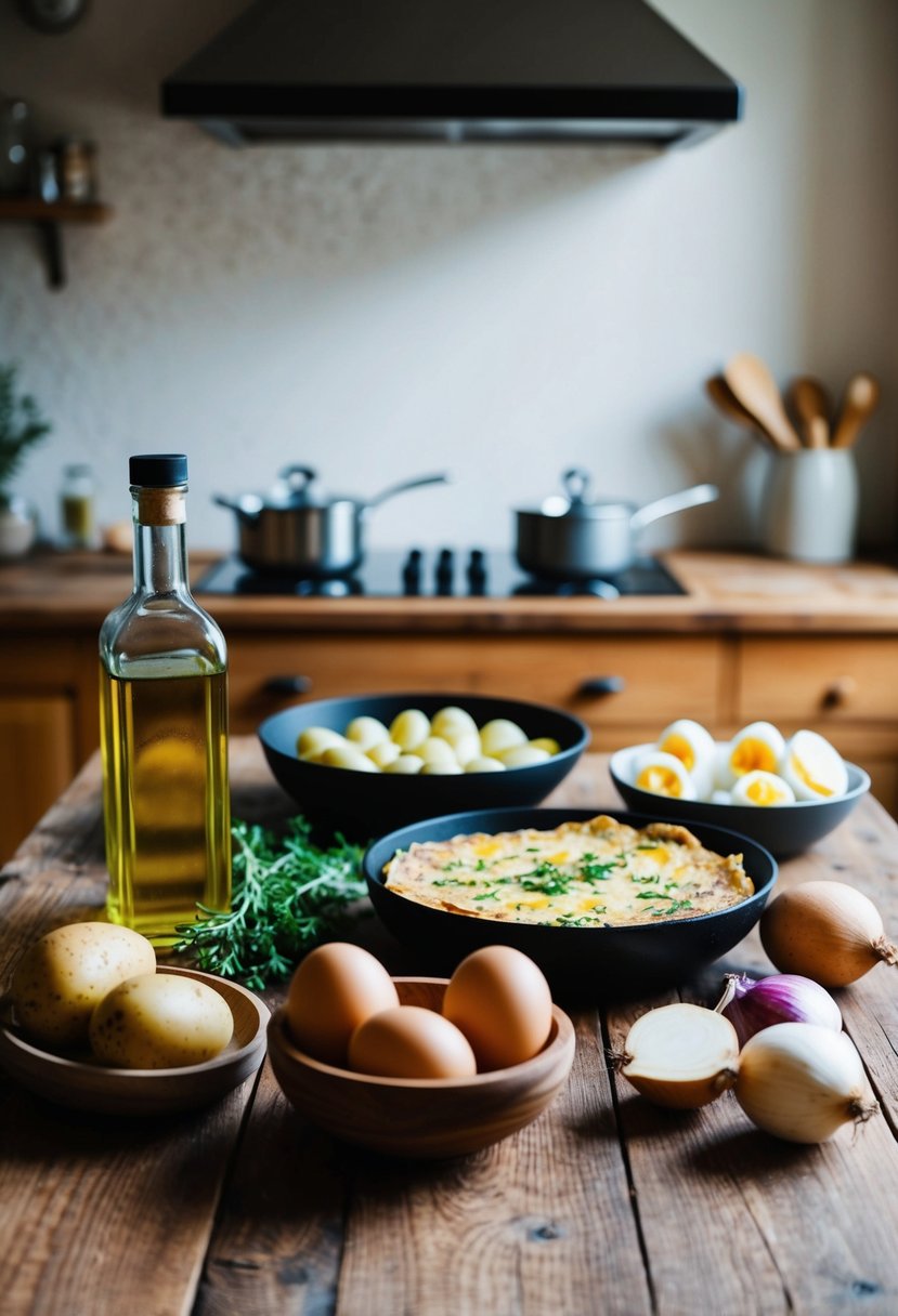 A rustic kitchen with a wooden table set with ingredients for making Tortilla Española, including eggs, potatoes, onions, and olive oil