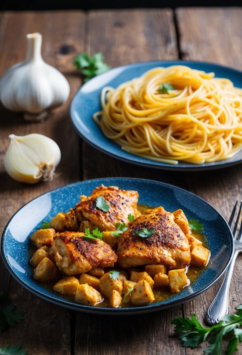 A sizzling plate of Chicken Diavolo with a side of Garlic Angel Hair pasta on a rustic wooden table