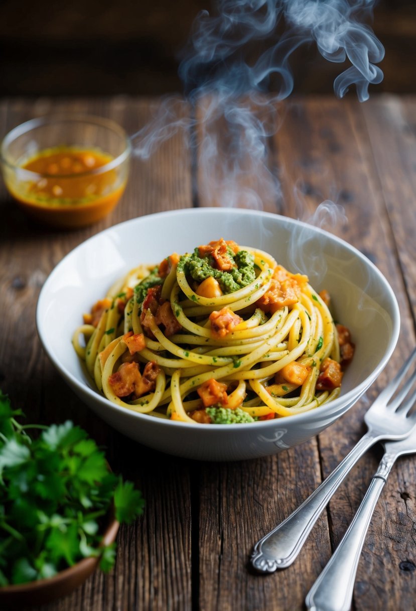 A steaming bowl of Vegan Diavolo Pesto Pasta on a rustic wooden table. Rich tomato sauce and vibrant green pesto coat the twirled pasta