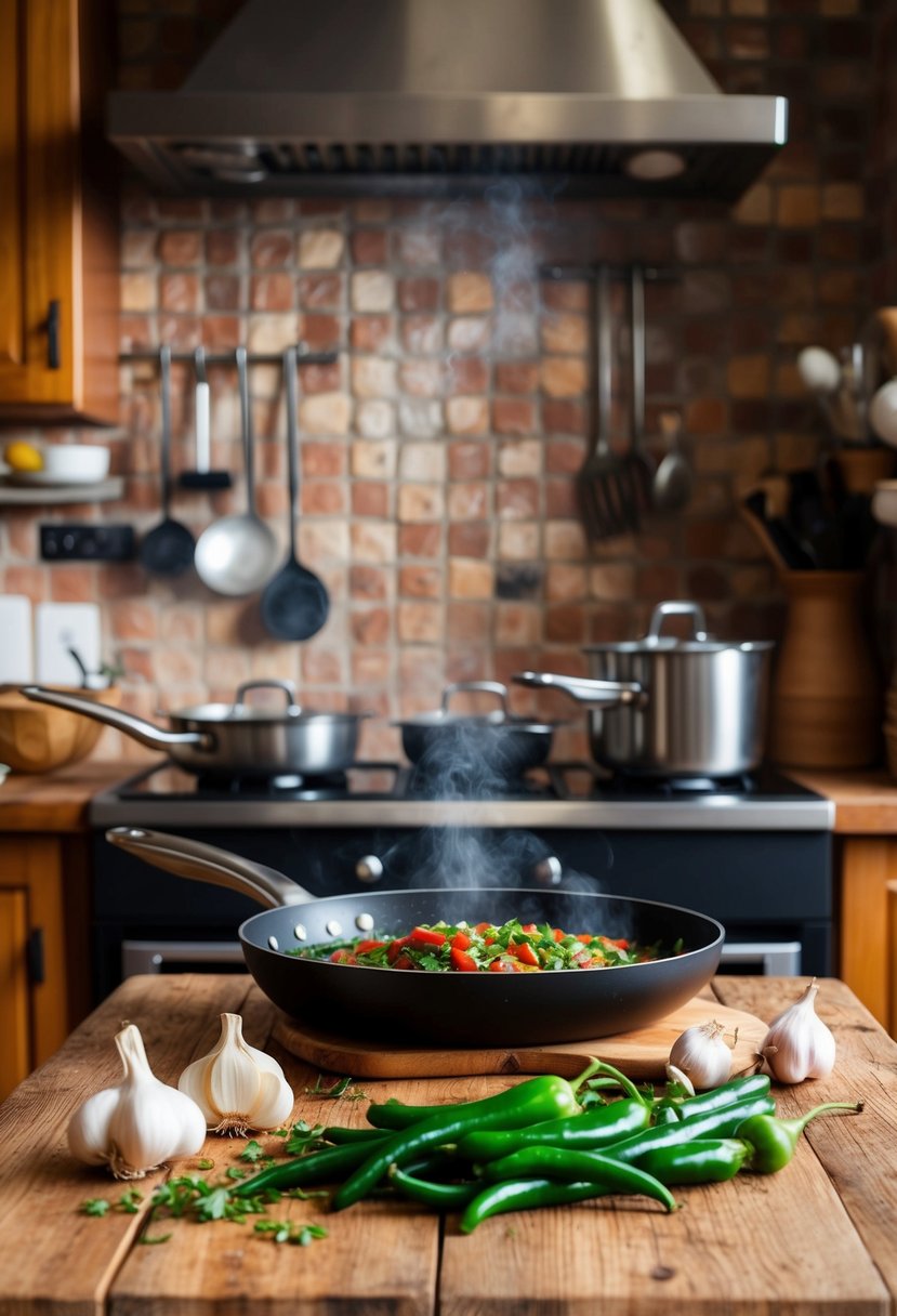 A rustic Spanish kitchen with a wooden table covered in fresh pimientos de Padrón, garlic, and olive oil. A pan sizzles on the stove, filling the air with the aroma of authentic Spanish cuisine