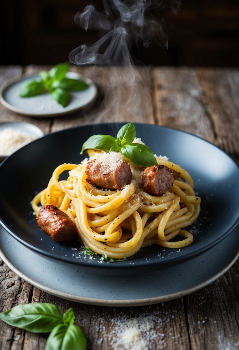 A steaming plate of Diavolo Bucatini with Sausage, topped with fresh basil and grated Parmesan, sits on a rustic wooden table